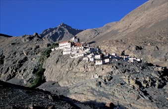 Landscape with Buddhist Lamayuru Monastery in Himalayas