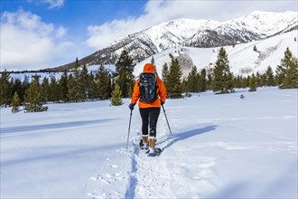 Woman snowshoeing in mountains
