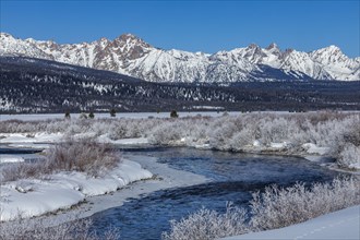 Salmon River and Sawtooth Mountains in winter