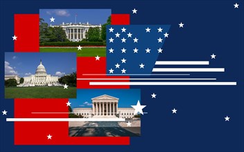White House, Capitol Building, and Supreme Court against American flag pattern