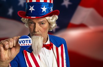 Uncle Sam holding vote pin