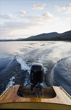 Usa, New York State, North Elba, Lake Placid, View of Lake Placid from wooden boat