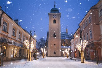 Poland, Subcarpathia, Rzeszow, Old town at dusk in winter