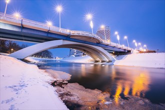 Poland, Subcarpathia, Rzeszow, Illuminated bridge in winter
