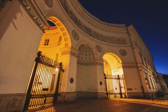 Poland, Masovia, Warsaw, Illuminated historical buildings at night