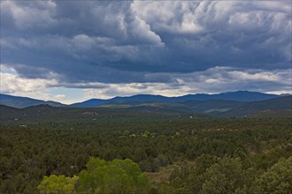 Usa, New Mexico, Pecos, Pecos National Historic Park, Landscape with Sangre de Cristo Mountains and clouds
