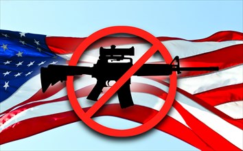 AR-15 rifle with prohibited symbol against American flag
