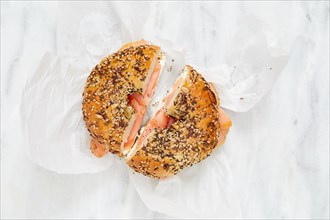 Overhead view of bagel with lox and cream cheese