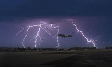 Commercial jet landing in thunderstorm