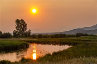 Sunset reflecting in spring creek in rural landscape