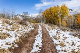 Dirt road through early snow near Sun Valley