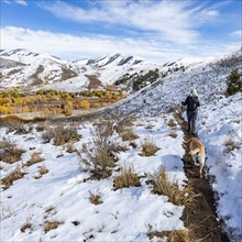 Hiker with golden labrador on snowy trail