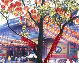 Lanterns on tree outside Chinese temple