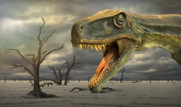 Tyrannosaurus Rex roaring in desolate landscape