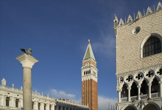 Low angle view of Venice buildings under blue sky