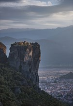 Aerial view of mountain over Meteora cityscape
