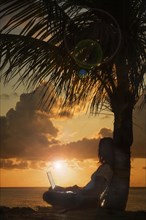 Silhouette of woman with laptop leaning on palm tree