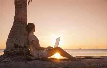 Caucasian woman with laptop leaning on palm tree at sunset