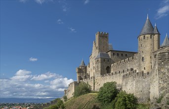 Blue sky over castle in Carcassonne