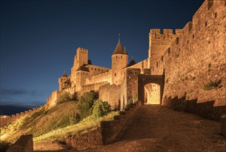 Road to castle at night in Carcassonne
