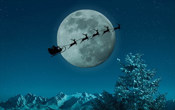 Silhouette of Santa and reindeer flying sleigh near full moon
