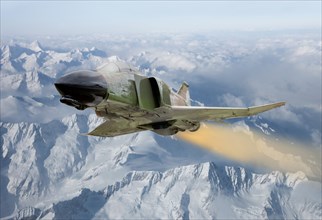 Military jet flying over winter landscape
