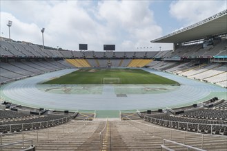Soccer field in empty stadium