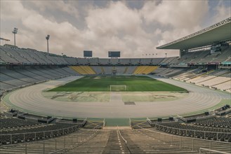 Soccer field in empty stadium