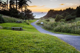 Path in park overlooking sunset and ocean