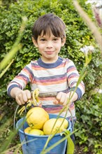 Mixed race boy showing bucket of vegetables in garden