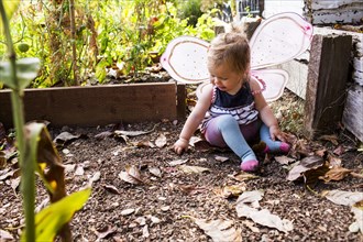 Caucasian baby girl wearing fairy wings in garden