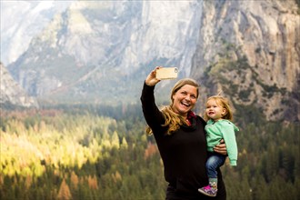 Caucasian mother and daughter in Yosemite National Park
