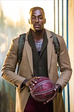 Black man wearing backpack holding basketball