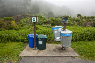Trash and recycling bins in park