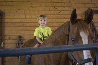 Caucasian boy sitting on horse in stable