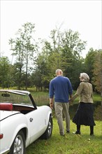 Rear view of couple holding hands by convertible in park