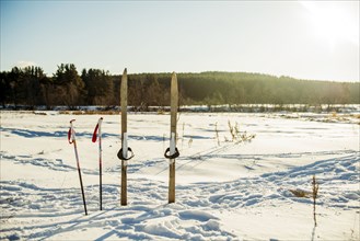 Skis and ski poles in snowy field