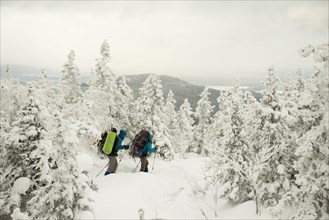 Caucasian hikers walking in snowy forest