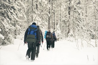 Caucasian hikers walking in snowy forest