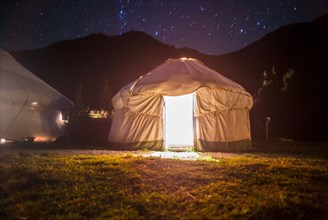 Bright glowing light inside yurt