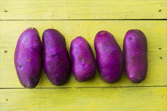 Purple potatoes in a row on wooden table