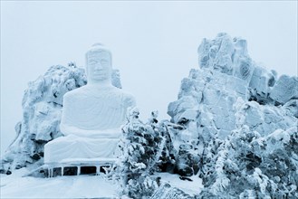 Snow on Buddha statue