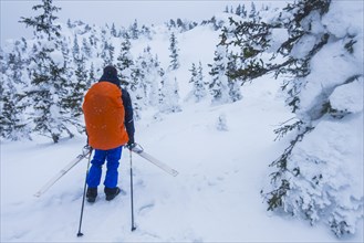 Caucasian hikers carrying skis on mountain