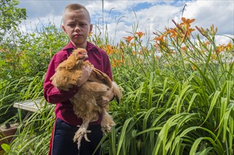 Caucasian boy holding chicken on farm
