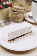 Slice of blackcurrant cheesecake on plate
