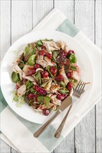 Plate of salad with chicken and cherry sauce