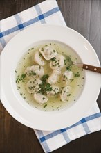 Dumplings in bowl of soup