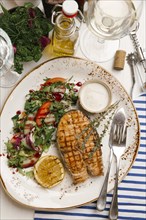 Grilled fish and salad on plate with sauce
