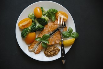 Cooked salmon on plate with broccoli and tomatoes