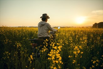 Mari man riding motorcycle in field of flowers